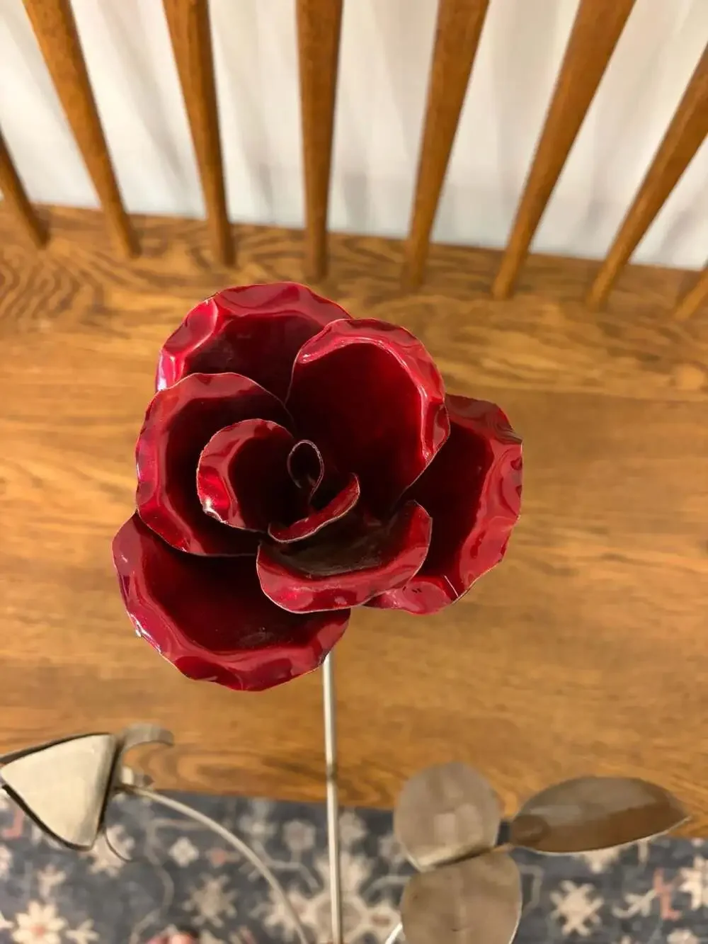 Handmade Metal Red Rose Sculpture Garden Stake